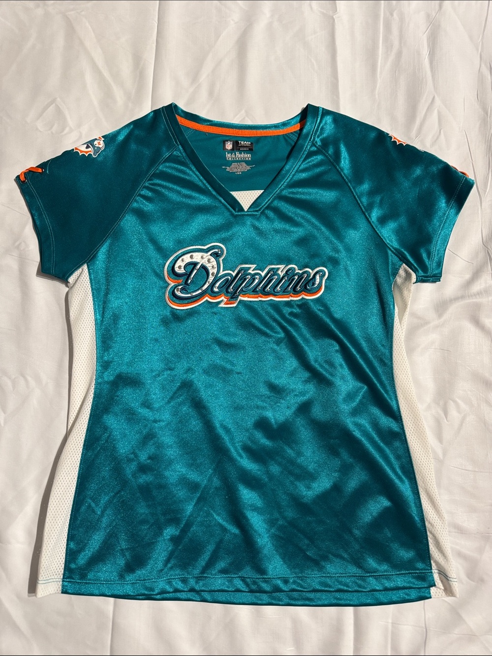 Team Apparel Teal Dolphins V-Neck Jersey with Orange Trim